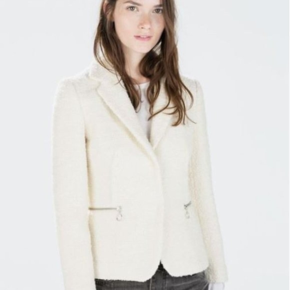 Zara Womens Tweed Blazer Jacket Size‎ S Ivory Preppy Classic Quiet Luxury